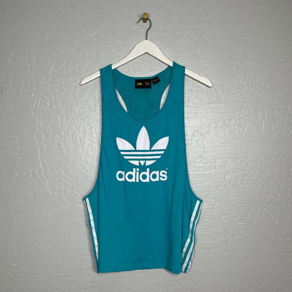 adidas x Pharrell Williams Women L Teal Blue White Floral Daisy Trefoil Tank